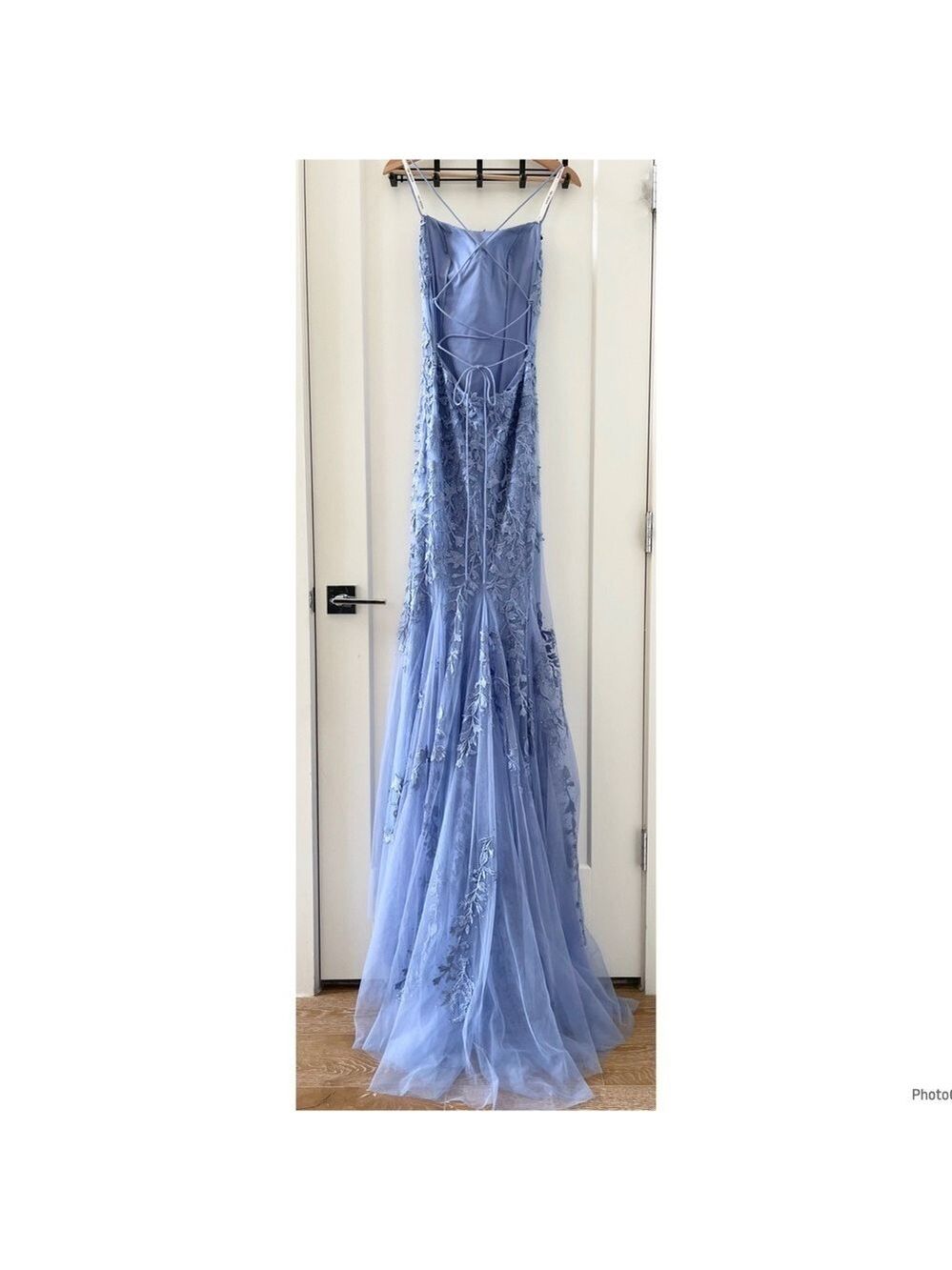 Sherri Hill Blue Lace Evening Gown Mermaid Medium Tail Prom Dress Party Size 6 - Picture 5 of 10